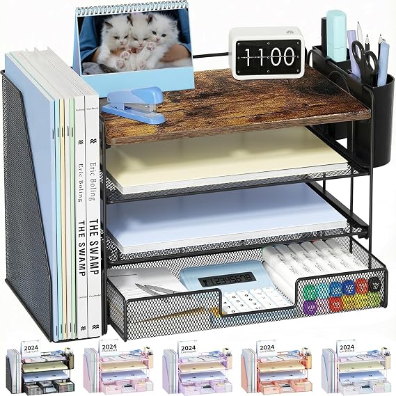 OPNICE Desk Organizer, 4-Tier Desktop File Organizer with Drawer and Pen Holders, Office Desk Accessories, File Sorters, Workspace Organizers for Office Supplies(Wood)