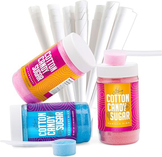 The Candery Cotton Candy Floss Sugar Raspberry Blue, Strawberry, Vanilla Pink Flavors - Includes 50 Premium Cotton Candy Cones (3-Pack 11oz with 50 Cones) Kosher