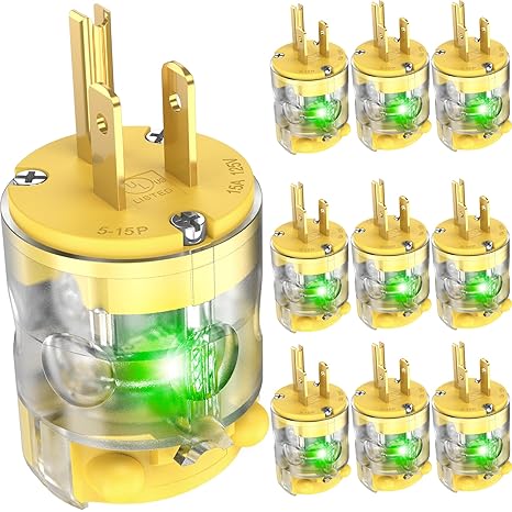 NEMA 5-15 Extension Cord Repair End Illuminated Electrical Male Plug Cord Cap Replacement 15A 120V 3 Prong Straight Blade with Green Neon Light UL Listed 10-Pack