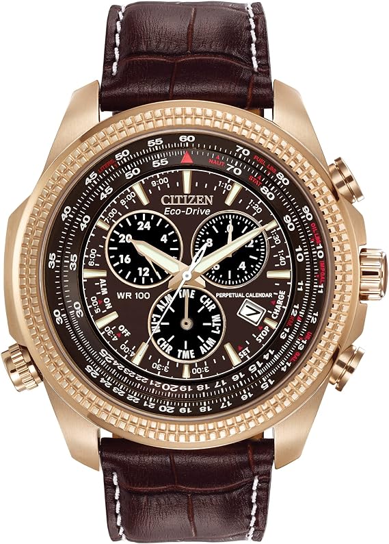 Citizen Men's Eco-Drive Weekender Brycen Chronograph Watch in Gold-Tone Stainless Steel, Brown Leather Strap (Model: BL5403-03X)