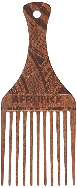 AFROPICK Wood Hair Pick for Long, Thick, Curly, Afro Hair (Engraved Brown)