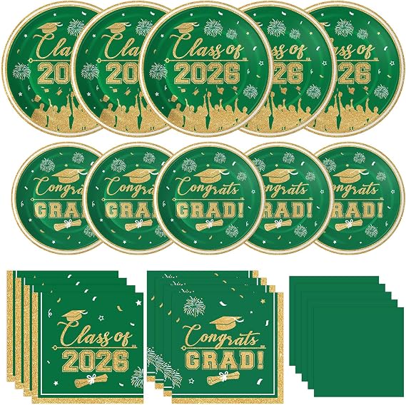 Graduation Plates and Napkins 2026 Graduation Party Supplies, Class of 2026 Congrats Grad Disposable Paper Plates Cocktail Napkins Set for Green Gold 2026 Graduations Party Decorations Sets, Serve 50