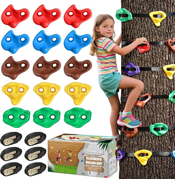 SEKKVY 15PCS Ninja Tree Climbing Kit, Rock Wall Holds with 6 Ratchet Straps