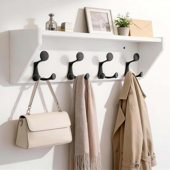SKOLOO Wall Shelf with Hooks, 24-Inch White Coat Rack Wall Mount with Shelf Organizer - Heavy Duty, 4 Tri Hooks - Perfect for Entryway, Hallway, Living Room, Bedroom, Mudroom
