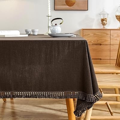 AmHoo Linen Tablecloth Table Cloth Stitching Tassel Rectangle Decorative Natural Table Cover for Kitchen Dinning Wedding Buffet 55 x 86 Inch Brown