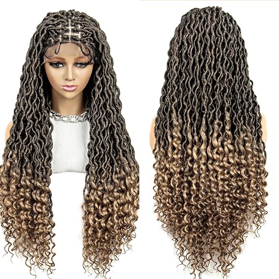 Braided Wigs for Black Women 32 inch Synthetic Lace Front Wig With Baby Hair Braided Wigs Knotless Box Braids Wigs Curly Water Wave Dreadlocks Wigs (1B/27 Color)
