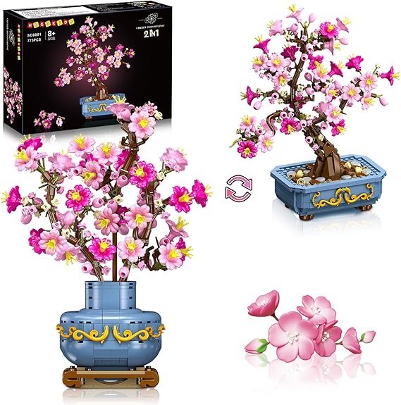 HOGOKIDS Flower Cherry Blossom Building Set 2 in 1 Bonsai Tree for 8-12+ yr | Artificial Botanicals Building Blocks Home Office Decor, 775PCS Flowers Plants Birthday Christmas Gift for Adults Teens Girls