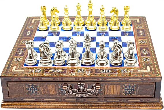 GrandGiftStore Handmade Chess Set With Storage, Luxury Chess Set, Stylish Wooden Gold-Silver Chess Pieces, Adult Chess Set/Blue