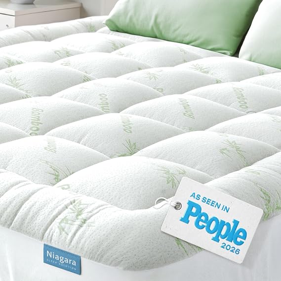 Niagara Sleep Solution Queen Ultra Soft Mattress Topper Back Pain Relief | Rayon Derived from Bamboo, 20" Deep Pocket, Naturally Cooling, Pillow Top Mattress Pad, Perfect for Hot Sleepers, Green