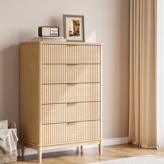 LINSY Fluted 5 Drawer Dresser for Bedroom, 46" Tall Mid-Century Modern Chest of Drawers, Deep Storage Dresser with Curved Corner Design, Large Accent Wood Cabinet for Bedroom, Oak