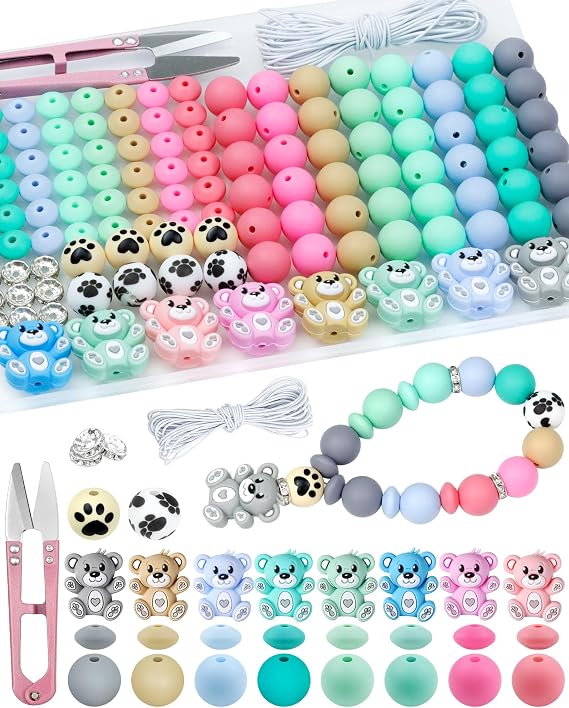 124PCS FIVEIZERO Silicone Focal Beads for Keychain & DIY Crafts | Animal Bear, 15mm Round 12mm Lentil & 10mm Rhinestone Beads, With Elastic Cord & Scissors, Perfect for Daily Use