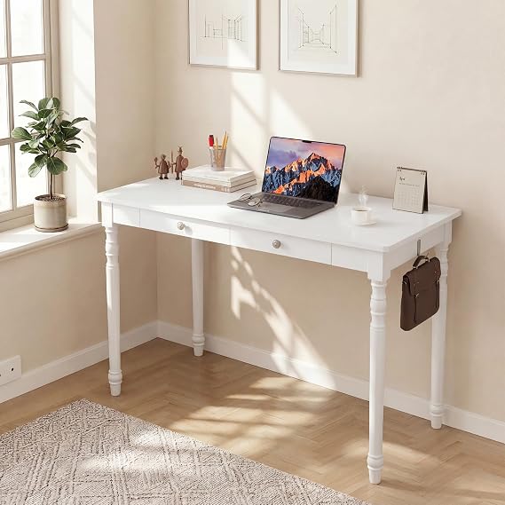 100% White Solid Wood Desk 47" Wooden Desk with 2 Drawers | Mid Century Modern Desk, Writing Desk Computer Table for Home, Office, Bedroom, Living Room