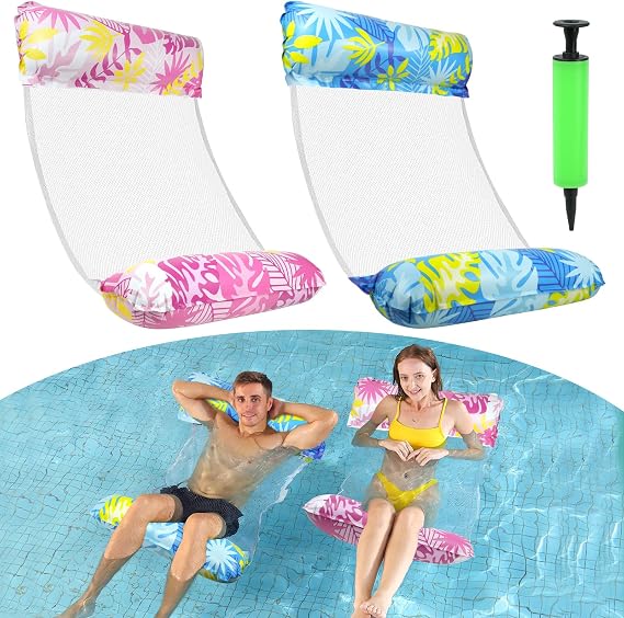 2 Pack Inflatable Pool Floats, 4 IN 1 Inflatable Pool Chair (Blue, Pink)
