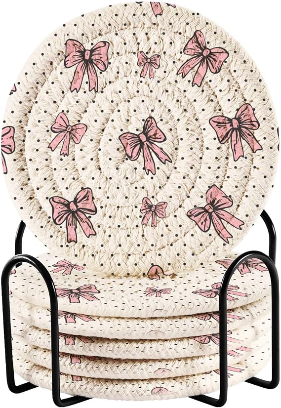 Kigai Pink Bow Coasters for Drinks with Holder 3.9 Inch Absorbent Heat-Resistant Cotton Woven Coaster Coffee Bar Accessories for Home Decor Table Protection, 6Pack