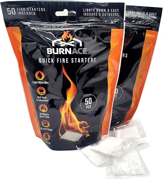 100 Wax Quick Fire Lighters for Wood Burners: Individually Wrapped BURNACE Firelighter Sachets for Fire Starting & Fire Lighting Open Fires, Stoves, Firepits or Camping.