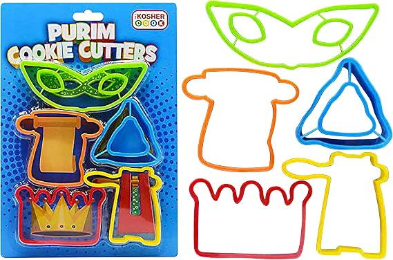 Purim Cookie Cutter Set - Plastic Set - Includes Gragger, Megillah, Crown, and Mask - by The Kosher Cook