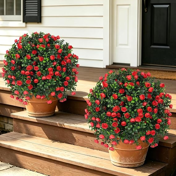 Yangrass 2 Pack Artificial Rose Topiary Ball Trees with Ground Spike, 24"