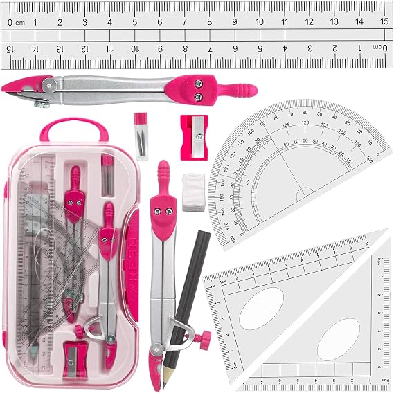 Akuoly Geometric Compass Set, Math Straight Ruler Half Circle Protractor Rubber Triangular Ruler Math School Compass Pink