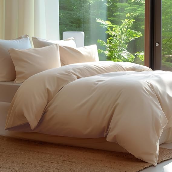 Double Stitch Cotton Tencel Duvet Cover Queen - Cooling Duvet Cover Set Queen Size, Crisp, Breathable & Smooth for Hot Sleepers, Luxury Hotel Collection Bedding Set, 90" x 90", Sandstone