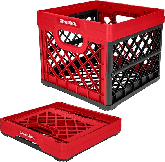 CleverMade Collapsible Milk Crate, Red, 1PK - 25L (6 Gal) Stackable Storage Bins, Holds 50lbs Per Bin - Clevercrates are Heavy Duty, Plastic Collapsible Storage Crate for Multi Purposes | Organize Files, Groceries, and Gear in One Crate | Built-In Rails Hold Letter Folders, While the Frame Stacks Securely
