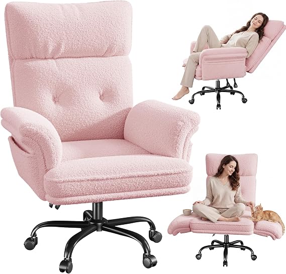 DurayLoly Criss Cross Office Chair with Adjustable Armrests & Side Pockets | Teddy Plush Upholstery, 145 Reclining Backrest, Height Adjustable & 360 Swivel for Home Office, Bedroom, Pink