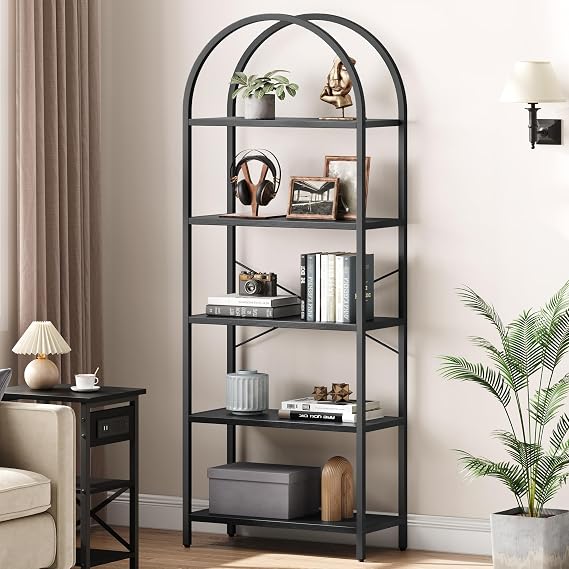 IDEALHOUSE Bookshelf 5 Tier Bookcase Arched Display Racks Tall Standing Bookshelves Metal Frame Modern Storage Rack Shelf Large Wood Book Shelf for Bedroom, Living Room, Home Office (Black)