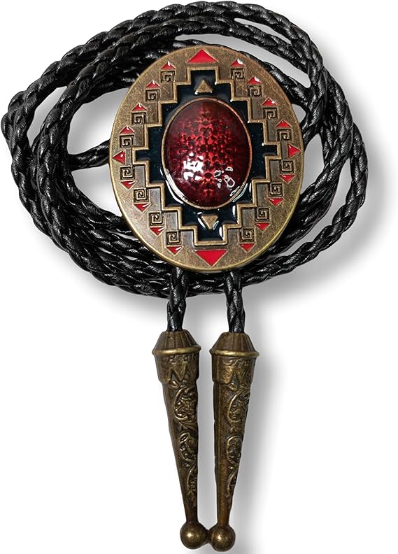 Southwest Ruby Totem Bolo Tie Western Wedding Men Necklace | Cowboy necktie with ruby totem design. Adjustable slide. Great for weddings, parties, and southwestern style.