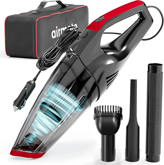 Airmoto 12V Portable Car Vacuum Cleaner 16Ft Cord Strong Suction | 16 Ft Power Cord, Wet and Dry Use, Multiple Attachments, HEPA Filter, Car and Home Use