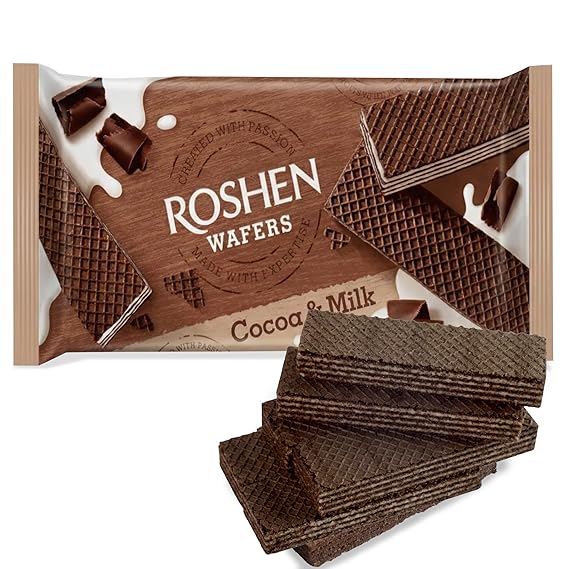 Roshen Cocoa & Milk Wafers, 7.6 oz Crispy Wafer Cookies with Cocoa & Milk Filling, European Chocolate Snack, Light & Crunchy Layered Treat for Coffee, Tea & Dessert