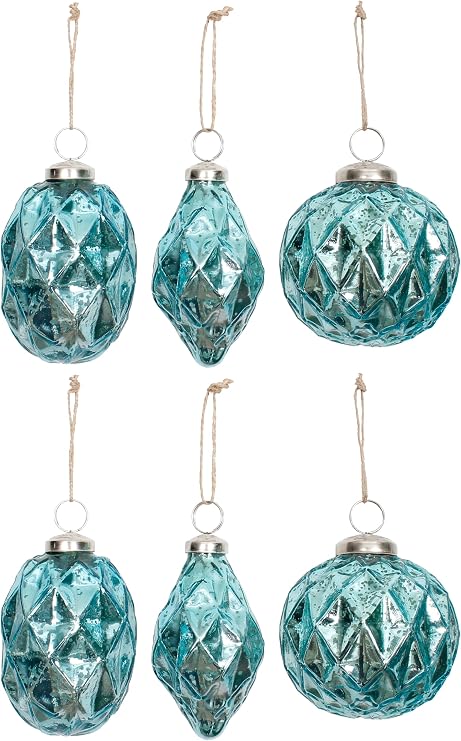 Glass Christmas Hanging Ornaments Set of 6 Pieces Assorted 3.5 Inch Faceted Mercury Glass Aqua
