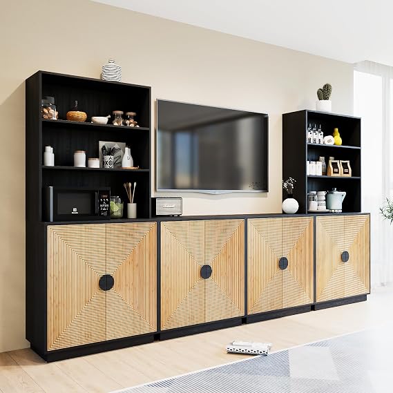 TUSY 4-Piece Large TV Stand with Bookshelves for TVs up to 75, Wall Unit Entertainment Center with Doors, TV Cabinet for Living Room, Bedroom & Home Theater, Black