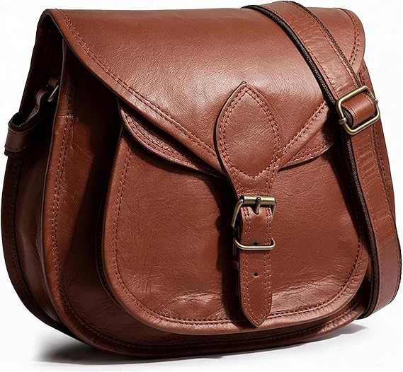 Leather Crossbody Bag for Women - Vintage Satchel, Travel Saddle Purse | Full Grain Goat Leather, Boho Sling Bag Fits Phone & Travel essentials, Adjustable Strap, Push Clip Closure, Zipper Pocket