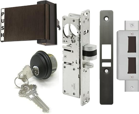 Adams Rite Style Deadlatch Storefront Door Set - Push Paddle Exit, Deadlatch Bolt, with Mortise Lock Cylinder & Two Keys, Durable, Polished Finish, Duronotice Bronze, Left Hand, 1-1/8" Backset