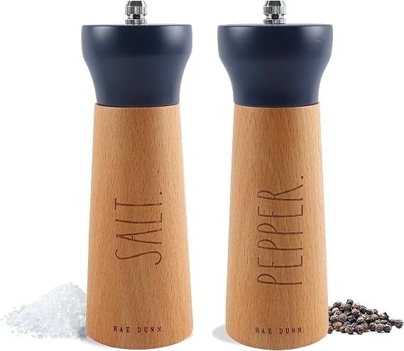Rae Dunn Salt and Pepper Grinder Set of 2 - Bamboo Sea Salt Pepper Grinder - Classy Salt and Pepper Shakers - Pepper Mill & Salt Mill, Blue