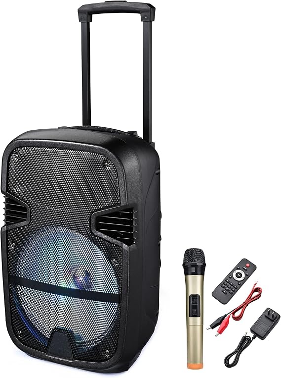 AW Portable 120W Active PA Speaker Mic Guitar AMP Bluetooth USB SD LCD FM Remote w/Wireless Microphone
