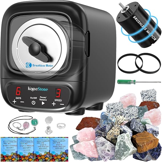 K2 Ultra Quiet Rock Tumbler Kit - 3LB Professional Rock Polisher | Quiet Brushless Motor, Up to 6X Noise Reduction, Adjustable 9-Day Timer & Speeds, Full Accessories, Ideal for Adults & Kids
