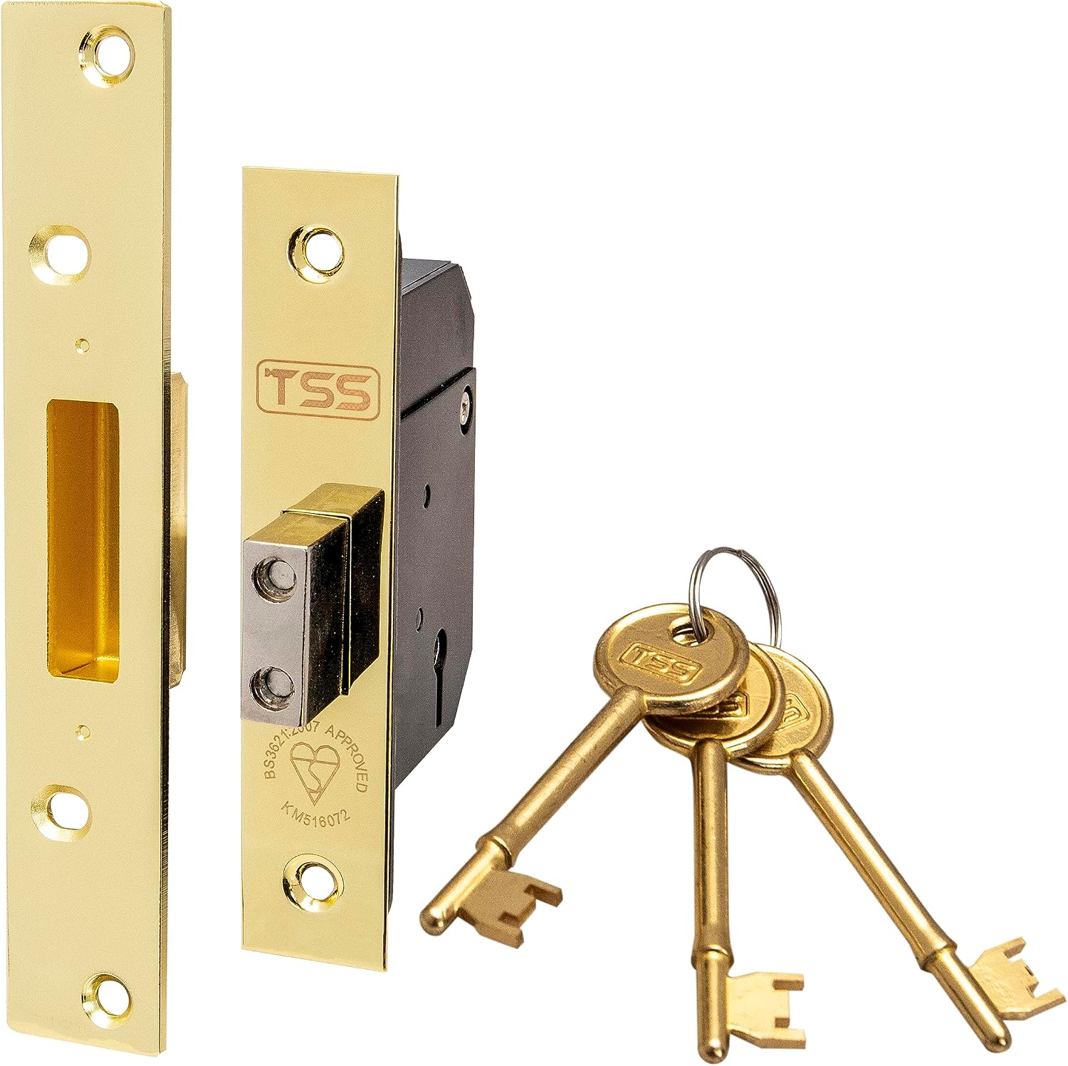 TSS High Security 5 Lever British Standard Mortice Deadlock with 3 Keys and Fixings, 2.5" 68mm Polished Brass, Insurance Approved for External Doors, British Standard BS3621:2007