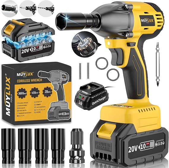 4.0Ah Battery Cordless Impact Wrench, Brushless 1/2 Impact Gun, 320Ft-lbs(430N.m) 20V High Torque Power Impact Driver, Electric Impact for Car Home