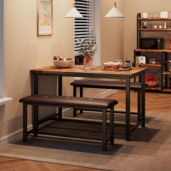 Dining Table Set for 4, Kitchen Table Set with 2 Upholstered Benches,3 Piece Rectangular Dining Room Table Set, Space Saving Dining Table for Apartment,Small Spaces,Rustic Brown.