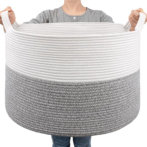 Goodpick Woven Blanket Basket Living Room, Toy Bin for Playroom, 85L | 21.7 x 21.7 x 13.8 In Toy Storage Basket for Nursery, Baby Laundry Hamper for Towels, Clothes, Light & Grey