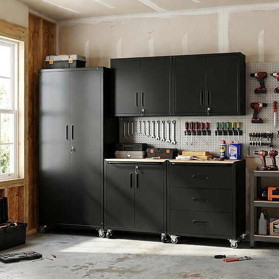 Garage Cabinet System | Heavy Duty Steel All-in-One Modular Garage Cabinet Set for Ultimate Workshop Organization | Easy Assembly Garage Storage Cabinets & Tool Bench