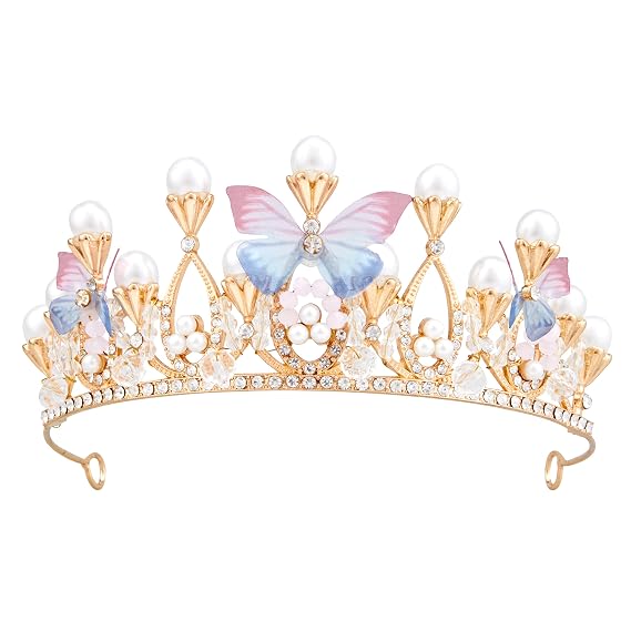 Flower Girl Crown, Princess Butterfly Tiara - Gold Crystal Rhinestone Pearl Headband for Kids Women Adults Birthday Wedding Quinceanera Pageant Prom Homecoming Halloween Mermaid Costume Party