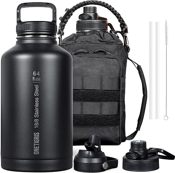 ONETIGRIS Tactical Half Gallon Water Bottle with Straw - 64 oz Vacuum Insulated Stainless Steel Water Jug, Leakproof Sport Bottle with 3 BPA Free Lids, Paracord Handle & MOLLE Water Pouch for Outdoor
