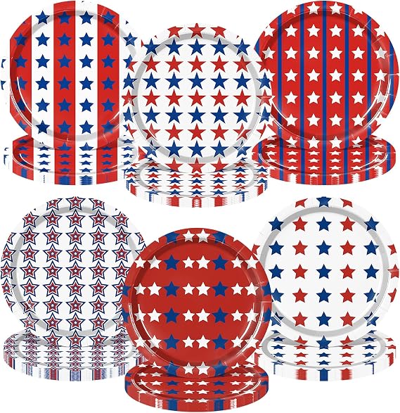 48 Pcs 4th of July Paper Dessert Plates 7 Inch Patriotic Red White Blue Disposable Plates with Stars and Stripes Design for Independence Day Party BBQ Memorial Day Decorations