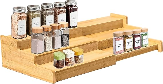 Spice Rack Kitchen Cabinet Organiser- 3 Tier Wooden Expandable Display Shelf, Perfect for Kitchen Cabinet, Countertop, Inside Cupboard and More