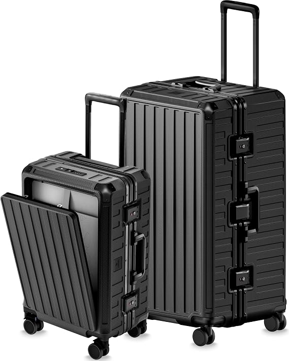 LUGGEX Luggage Set with Spinner Wheels, SF81 Zipperless Carry On Luggage Aluminum Polycarbonate Hard Shell Suitcase Set, Front Opening Design, TSA & Cup Holder, 2 Piece Set (21/30, Black)