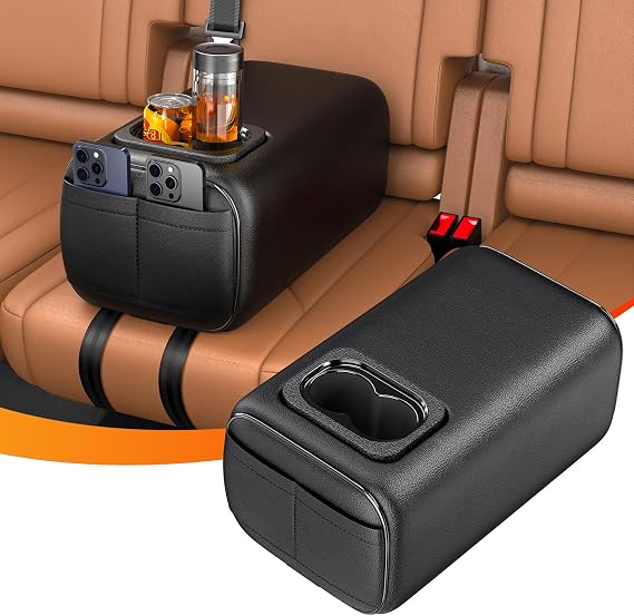 Car Rear Seat Armrest 2 Row Console Box with Cup Holder Universal Arm Rest Backseat Armrest Console Box Second Row Rear Central Armrest Box(Black-Double Pockets)
