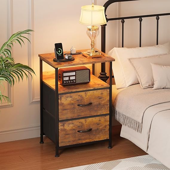 Bedside Table with Charging Station, Smart Beside Cabinet, Nightstand with 2 Fabric Drawers &amp; LED Light, Small Side Table with Open Storage Shelf, End Table for Living Room, Bedroom, Brown