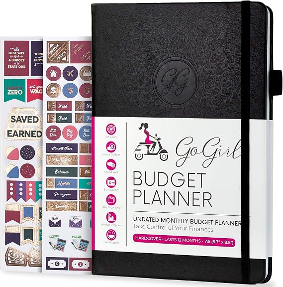 GoGirl Budget Planner Paycheck & Bill Organizer Book, A5, Black | Undated monthly budget book for income & bills, financial saving & expense tracker, hardcover money log, simple for beginners