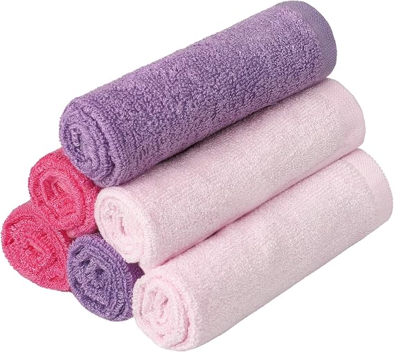 Soft Baby Washcloths for Bath, Kids Bath Face Towel, 10x10 Wash Rag | 70% Rayon Derived from Bamboo, 30% Cotton, Absorbent Cloths for Infant Newborn Toddler Girl, Pack of 6, Purple Pink Rose